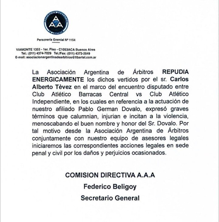 La Asociación Argentina de Árbitros repudió las declaraciones de Tevez.