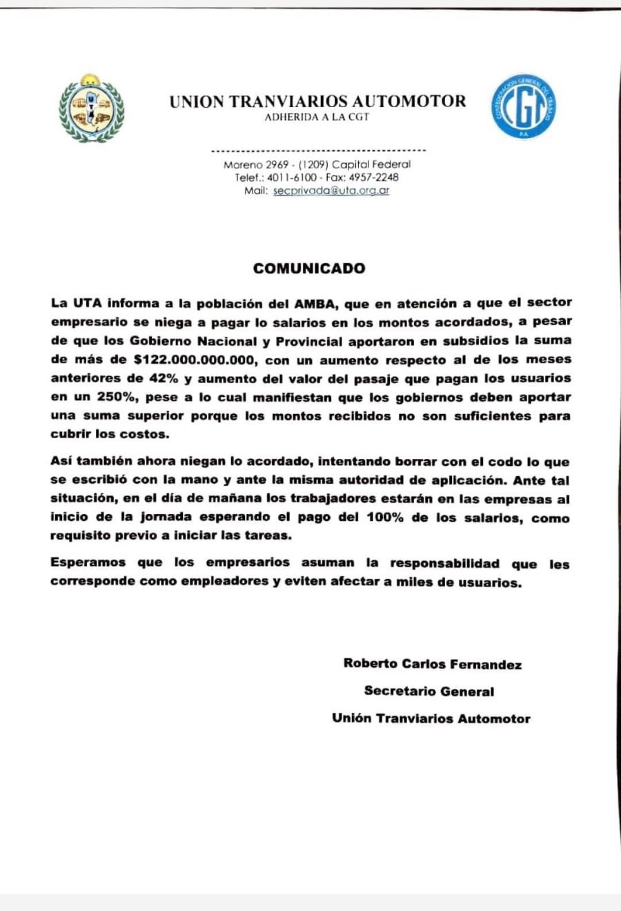 La UTA dio un ultimátum y amenaza con un paro de colectivos en el AMBA