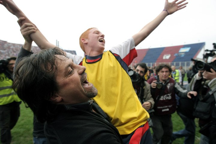 Caruso y el Colo Robledo tras ganar la Promoción con San Lorenzo. (DYN)