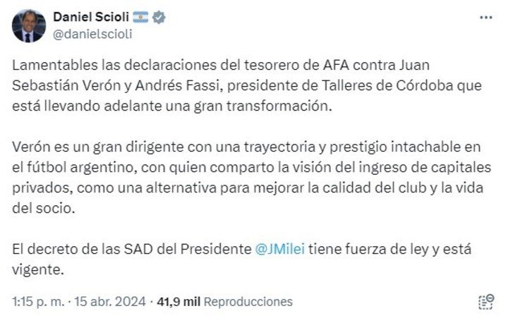 El tuit de Scioli.