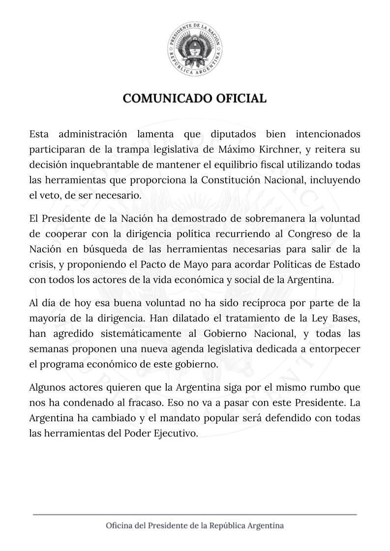 Javier Milei - Comunicado de Presidencia 20240605