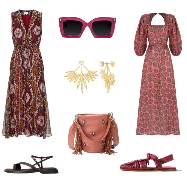 Vestido Paige sin mangas de MAKSU (275 €). Gafas de sol cuadradas, de TIWI (82 €). Vestido de manga larga y espalda abierta, de PAR Y ESCALA (125 €). Sandalia en piel, de HEREU (470 €). Bolso Candy, con flecos, de MERCULES (215 €). Sandalia Izzy, en cuero, de VAGABOND (100 €). Pendientes chapados en oro, de BRIANA (72, 95 €). 