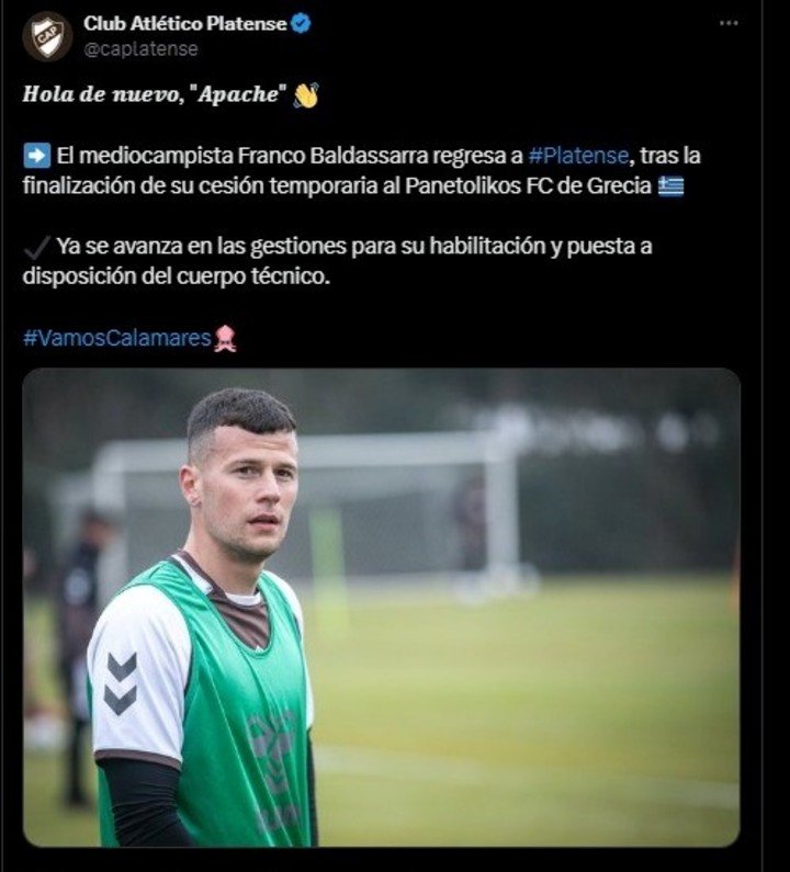 El anuncio del Calamar sobre la vueelta de Baldassarra.