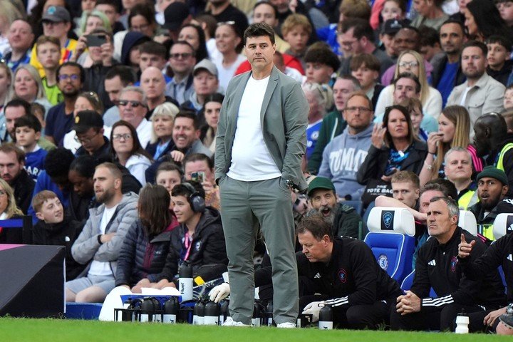 World XI head coach Mauricio Pochettino stands on the sideline during Soccer Aid for UNICEF 2024 at Stamford Bridge, London, Sunday June 9, 2024. (Bradley Collyer/PA via AP)
