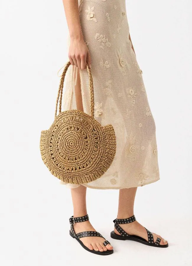 Bolso de rafia circular con saco