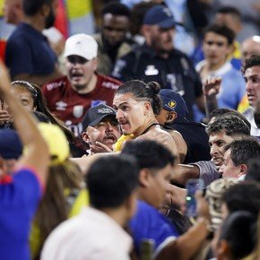 Escándalo: piñas de jugadores uruguayos con hinchas colombianos en una tribuna