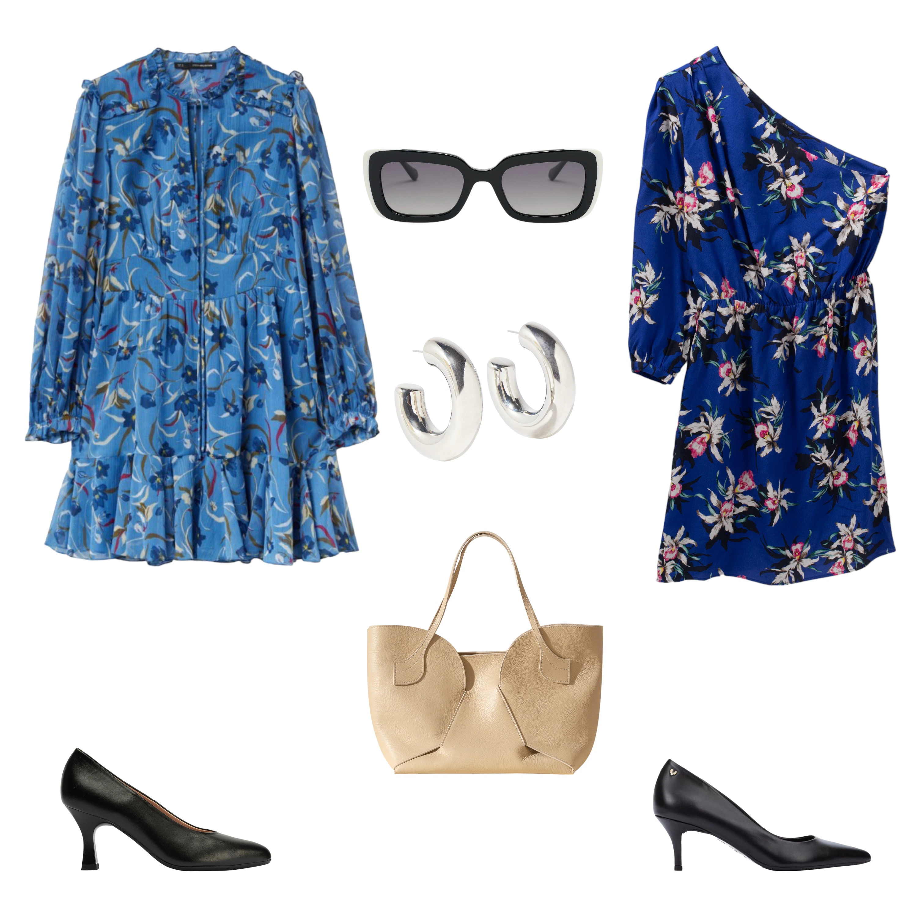 Vestido corto estampado, de SFERA (20 €). Gafas de sol, modelo Ciclamen, de MÓ (49 €). Vestido estampado asimétrico, de IKKS (185 €). Zapato tipo salón básico, de MARTINELLI (110 €). Bolso de piel tipo tote, de HEREU (570 €.). Salón negro, de PITILLOS (70 €). Pendientes plateados, de PARFOIS (6 €). 