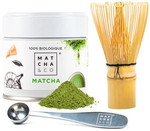 Matcha & CO Set de Té Matcha de Iniciación. Matcha Kit con Matcha Original, Cuchara medidora y Batidor de bambú. Matcha de Grado Ceremonial 100% Ecológico