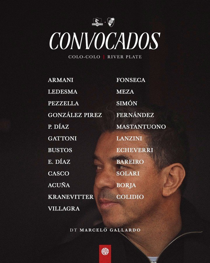 La lista de convocados de River para la ida contra Colo Colo (Prensa River).