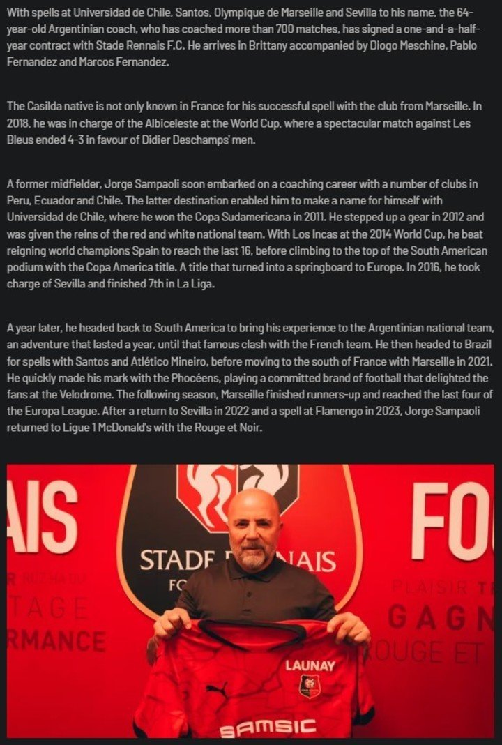El comunicado del Rennes sobre la contratación de Sampaoli.