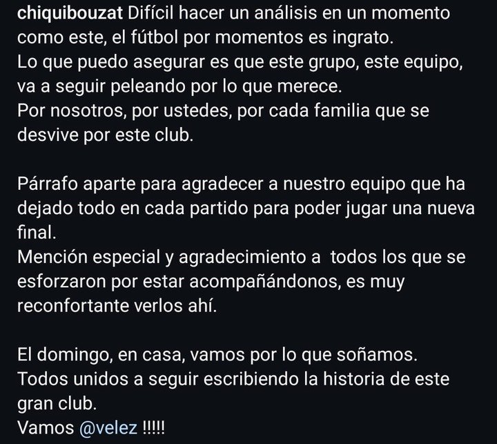 El posteo en redes de Bouzar a días de la definición del campeonato.
