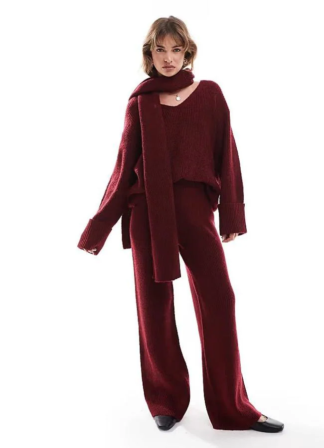 Pantalones de punto canalé burdeos