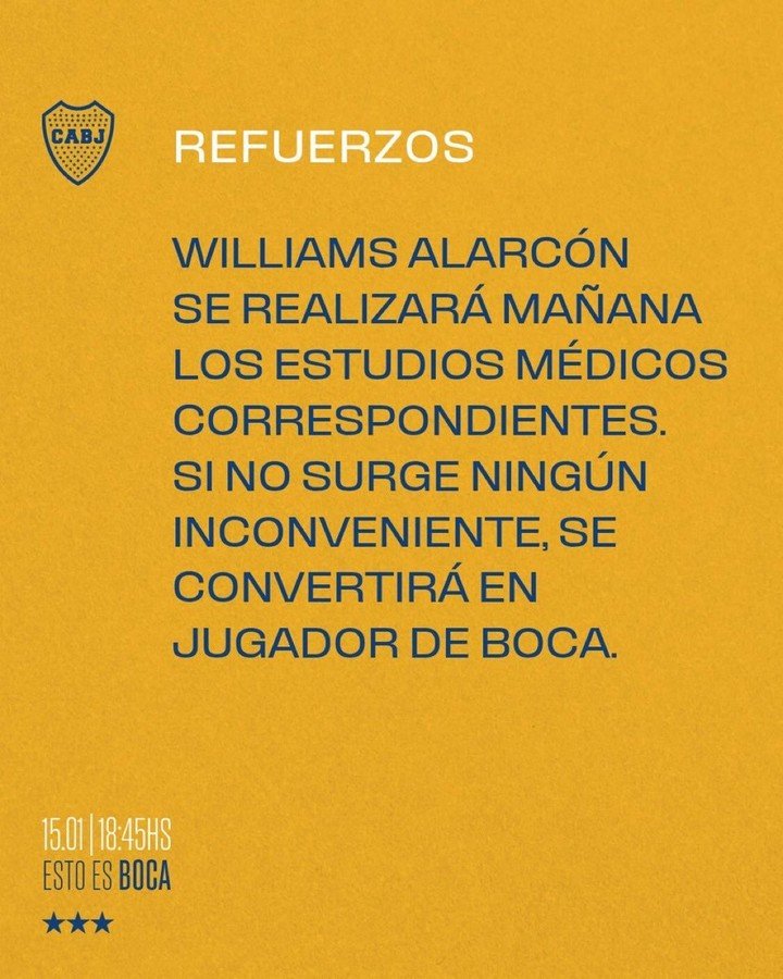 Boca confirmó la llegada de Alarcón (@estoesBoca)