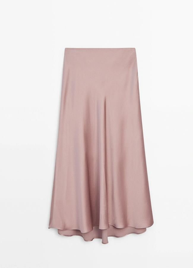 Falda midi satinada, 49,95 euros.