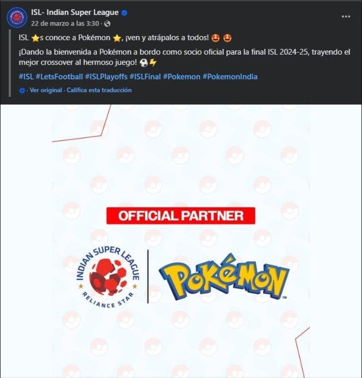 La publicación de la Indian Super League confirmando su vínculo con Pokémon.