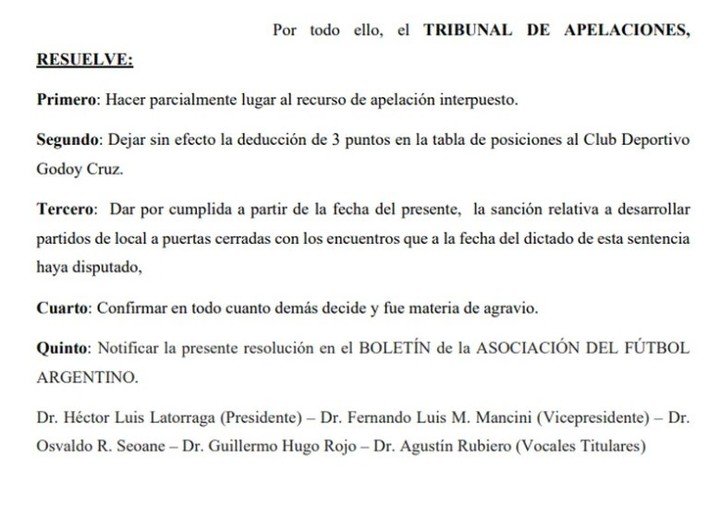 El fallo del Tribunal de Apelaciones de AFA.