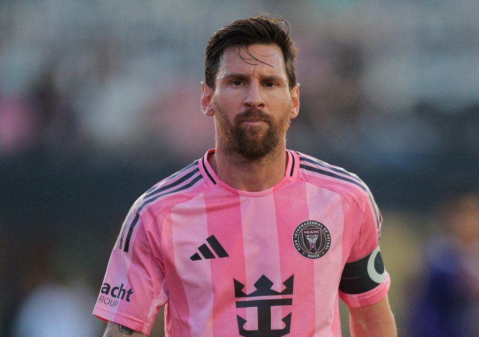 May 18, 2025; Fort Lauderdale, Florida, USA; Inter Miami CF forward Lionel Messi (10) looks on against Orlando City during the first half at Chase Stadium. Mandatory Credit: Sam Navarro-Imagn Images