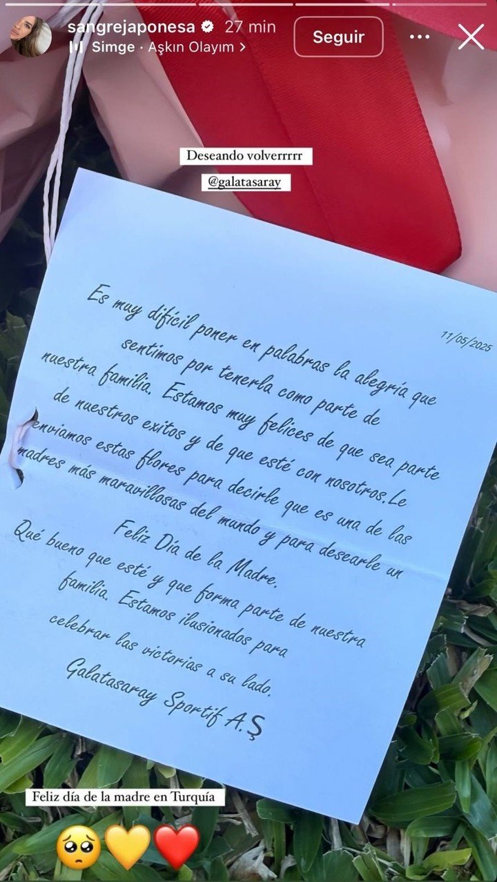 Galatasaray le mandó flores y una carta a la China Suárez. (FOTO: Instagram)