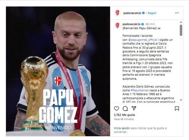 El posteo de la cuenta oficial del Padova de Italia confirmando la contratación de Papu.