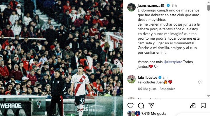 El posteo de Juan Cruz Meza a 48 horas de cumplir el sueño del pibe.