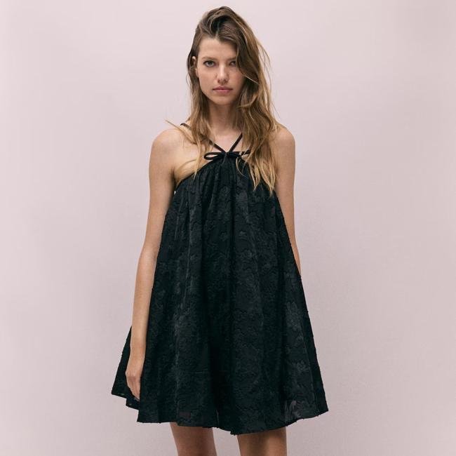 vestido corto jacquard con lazo