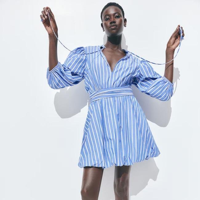 Vestido globo camisero con rayas