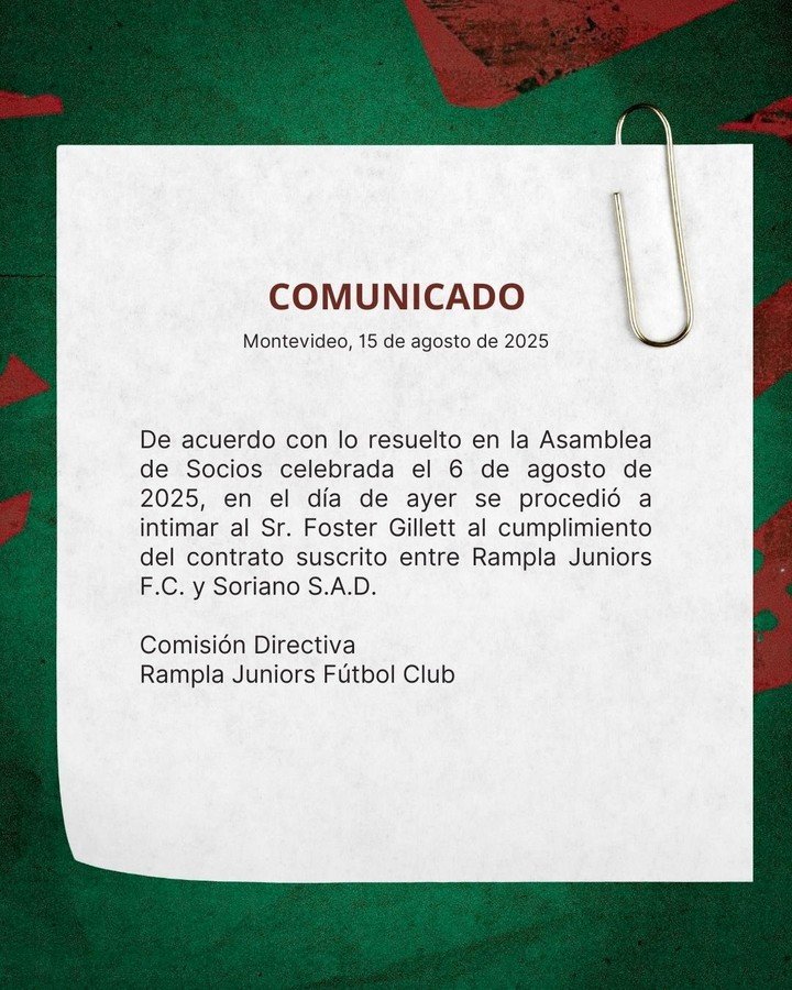 El comunicado de Rampla Juniors anunciando que intimará a Foster Gillett (Prensa Rampla).