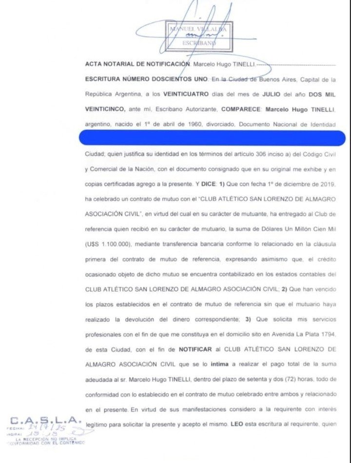 La notificación que llegó a San Lorenzo de Tinelli.