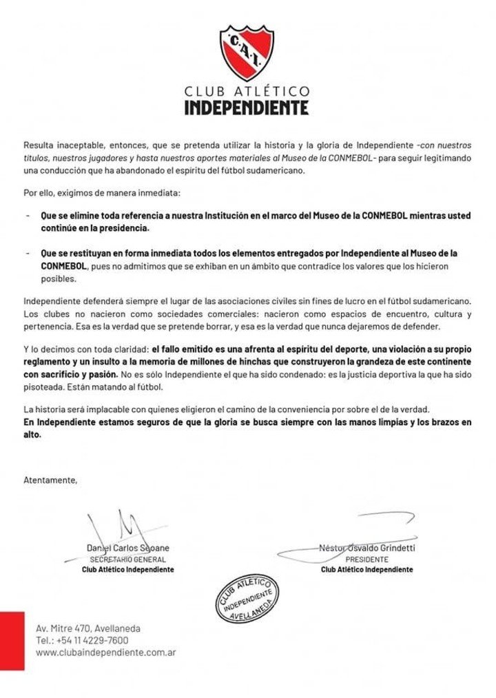 El fuerte comunicado de Independiente contra la Conmebol (Prensa Independiente).