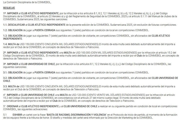 La primera parte del fallo de la Conmebol sobre el partido entre Independiente y la Universidad de Chile.