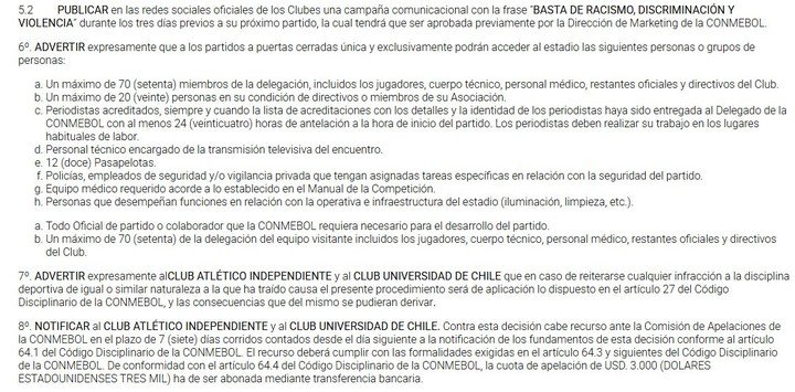 La segunda parte del fallo de la Conmebol sobre el partido entre Independiente y la Universidad de Chile.