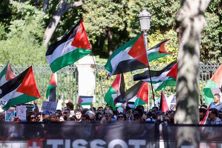 Cientos de personas protestan por la situación de Palestina en el Paseo de la Castellana (EFE).