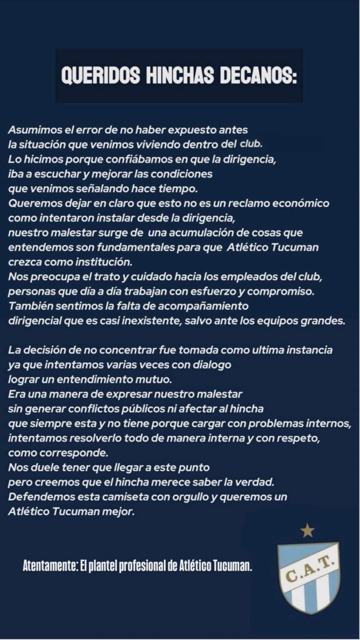 El duro comunicado de los jugadores de Atlético Tucumán.