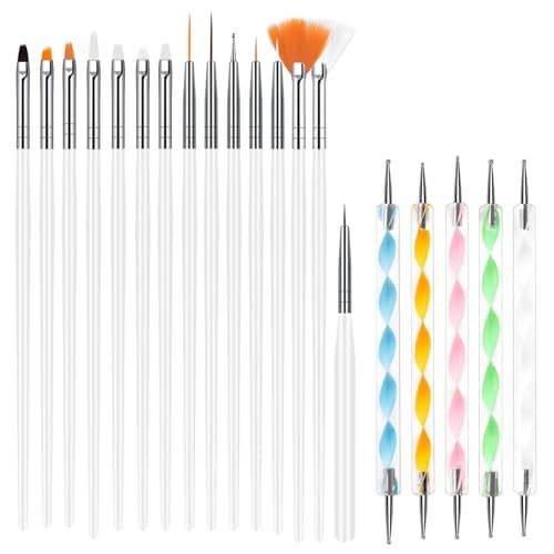 URAQT Juego de 20 pinceles de uñas, 15 Pinceles y 5 Punzones Incluidos, Pincel Acrílico de Gel, Pincel para Arte de Uñas Para Uñas DIY, Pinceles, Detalles, Mezcla etc, Blanco