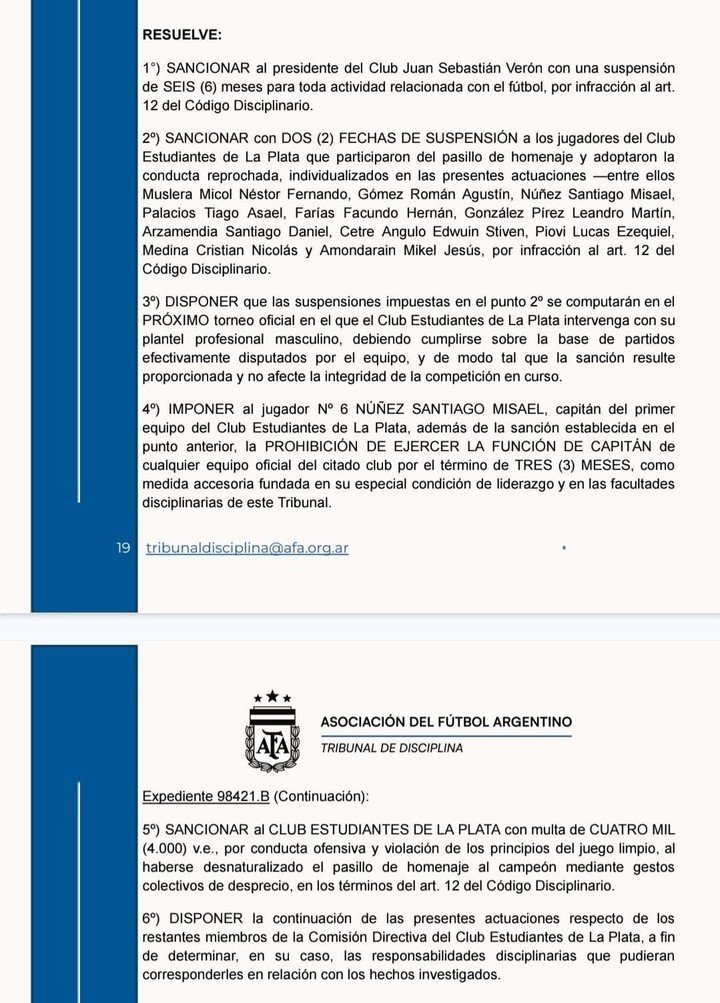 La sanción para Estudiantes. (Expediente 98421.B - Boletín 6797)