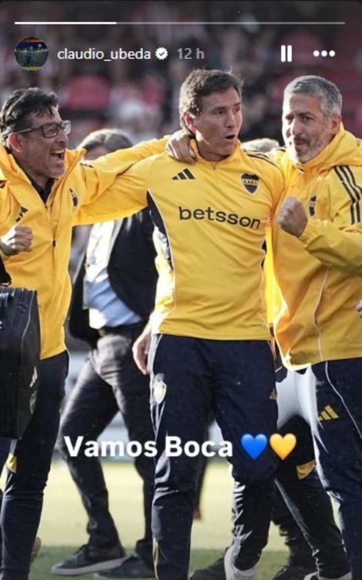 "Vamos Boca", el posteo de Úbeda en sus redes sociales, celebrando con sus ayudantes el triunfo ante Estudiantes.