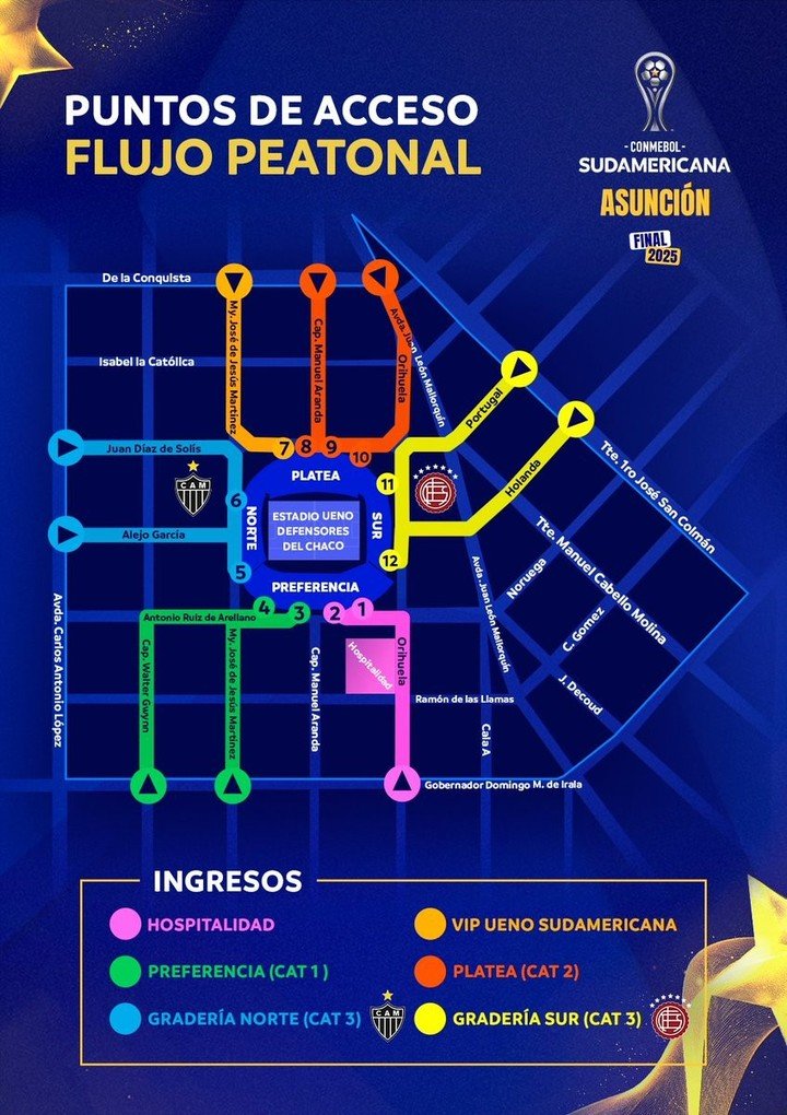 El mapa de accesos para los hinchas de Lanús y de Atlético Mineiro a la final de la Sudamericana en el Defensores del Chaco. (Foto: Conmebol)