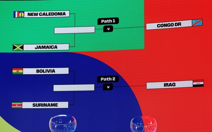 Soccer Football - World Cup Playoff Tournament and European Playoff draws - FIFA Headquarters, Zurich, Switzerland- November 20, 2025
General view as the giant screen displays the matches for the World Cup Playoff Tournament after the draw REUTERS/Denis Balibouse