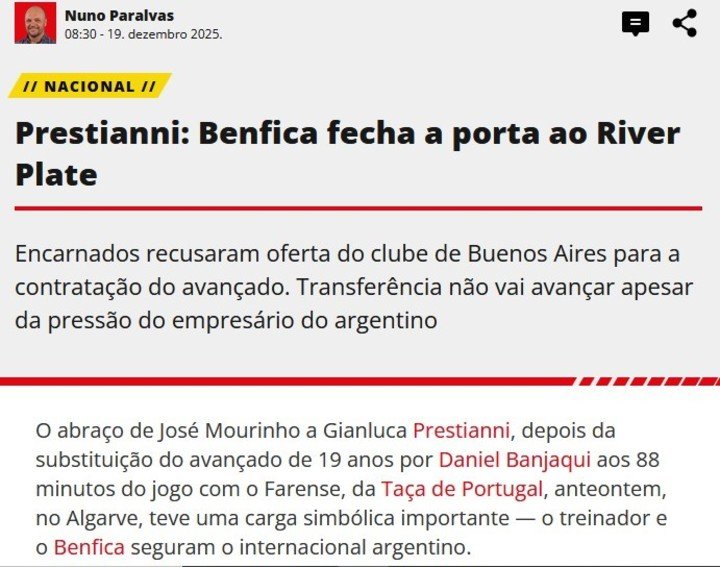 El diario A Bola de Portugal sobre el interés de River por Prestianni y la postura del Benfica.
