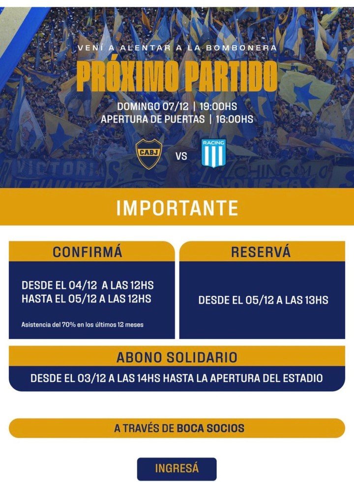 La venta de entradas para el partido ante Racing.