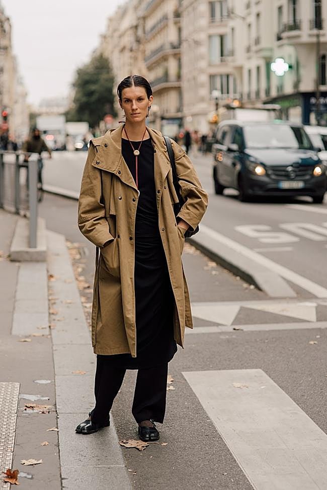 Un look con gabardina y camiseta básica en negro.