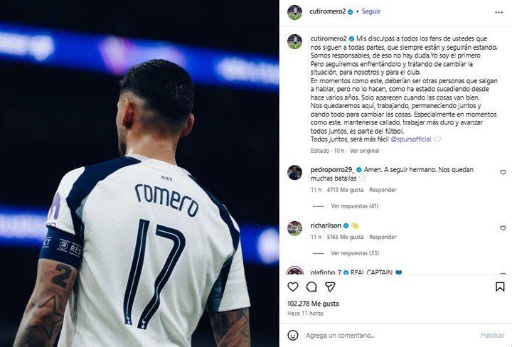 El contundente posteo de Cuti Romero tras la derrota ante el Bournemouth.