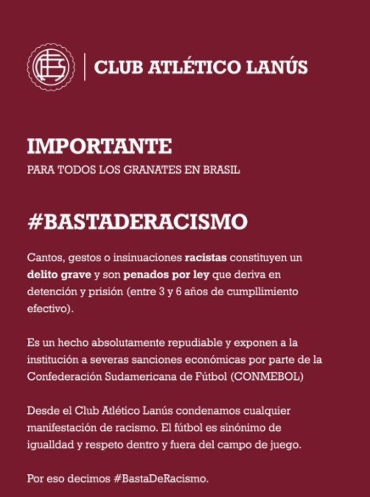 El comunicado anti racismo de Lanús. (Foto: Lanús)