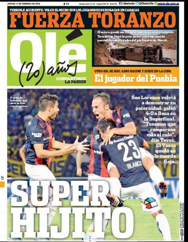 La tapa de Olé tras la derrota de Boca ante San Lorenzo en 2016.