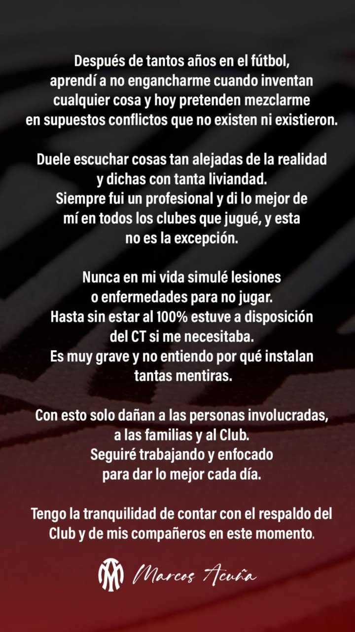 El comunicado de Acuña en Instagram.