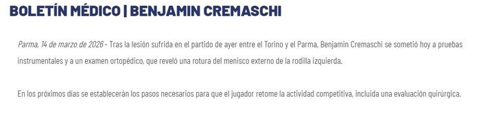 El comunicado oficial del Parma sobre la lesión de Cremaschi. (@1913parmacalcio)