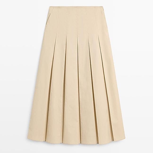 Falda midi beige, 79,95 euros.