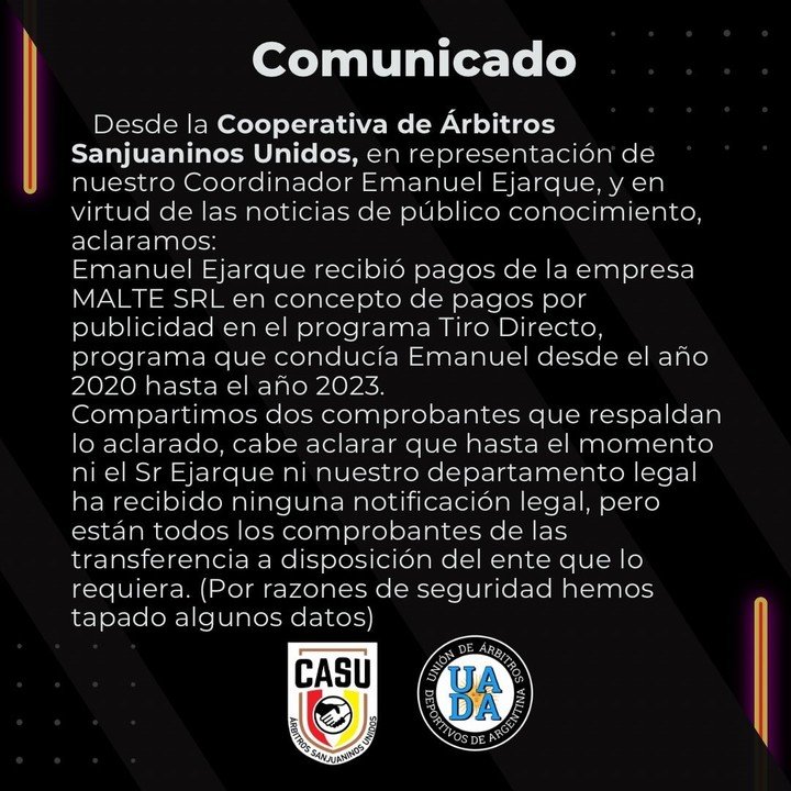 El comunicado de la Cooperativa de Árbitros Sanjuaninos Unidos en defensa de Ejarque.