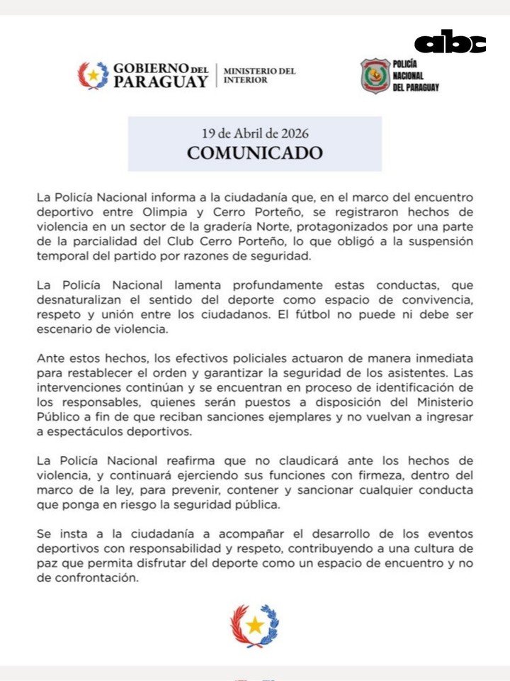 La declaración del Ministerio del Interior tras los incidentes en el clásico de Paraguay. (Foto: ABC Digital)