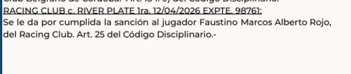 Rojo ya puede volver a jugar.